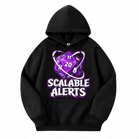 Scalable Alerts black D&D hoodie front view