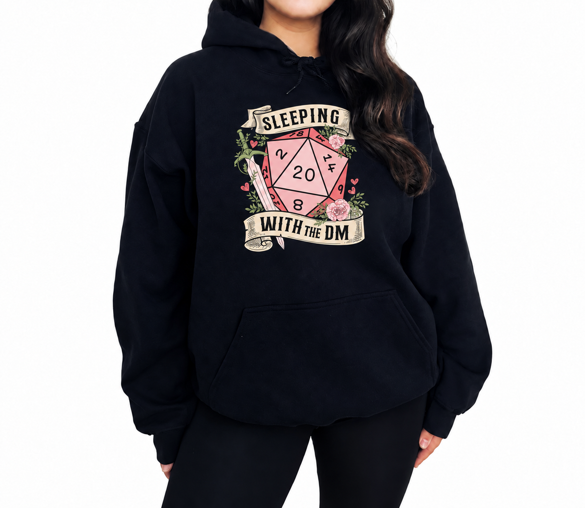 Female model wearing Sleeping with the DM black D&D hoodie