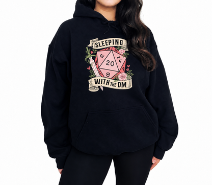 Female model wearing Sleeping with the DM black D&D hoodie
