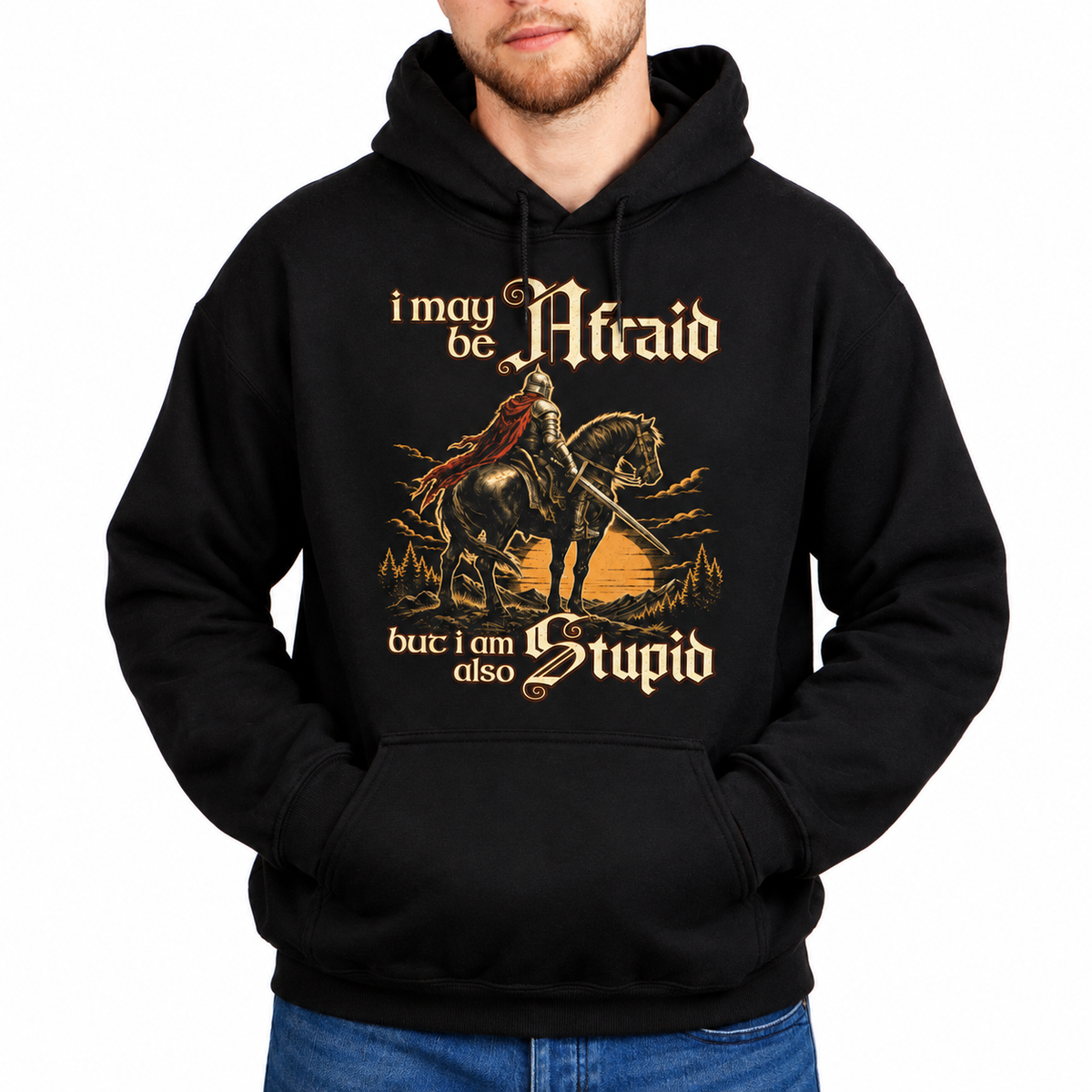 Male model wearing Afraid but Also Stupid black D&D hoodie