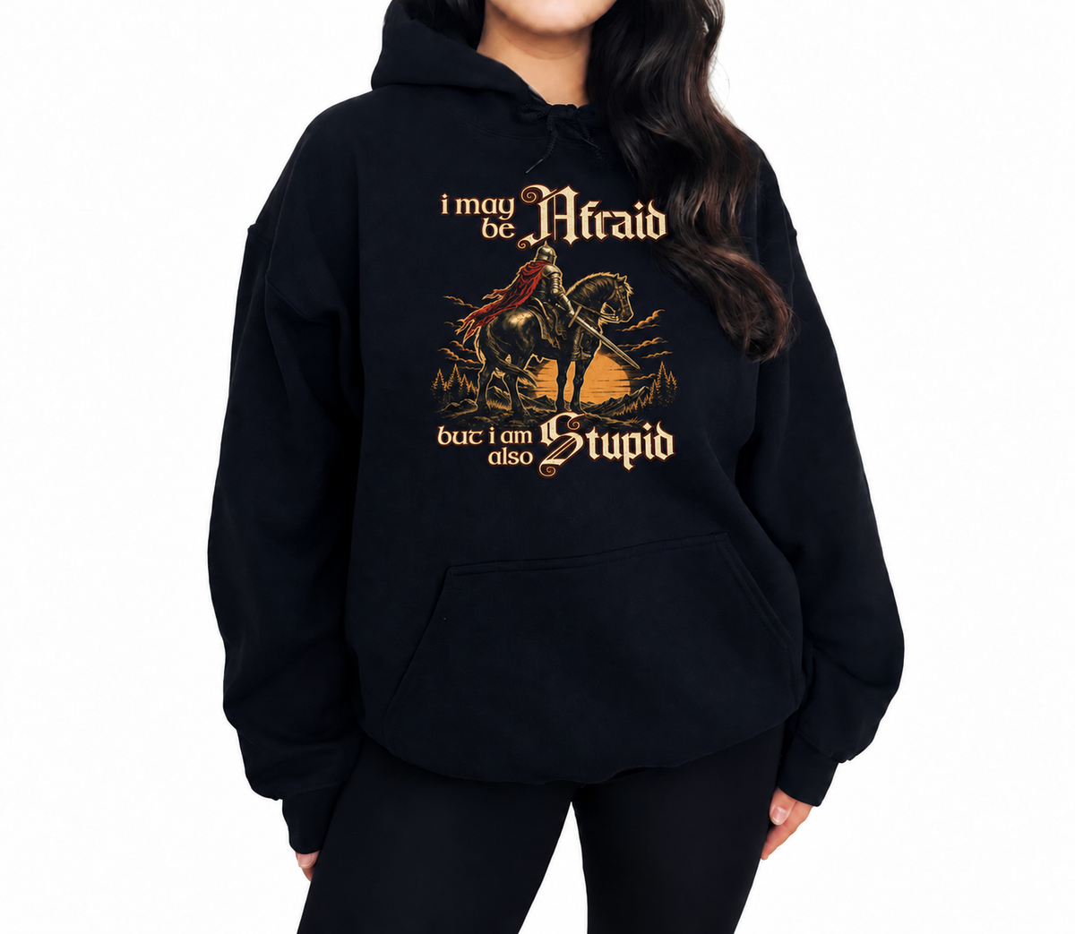 Female model wearing Afraid but Also Stupid black D&D hoodie