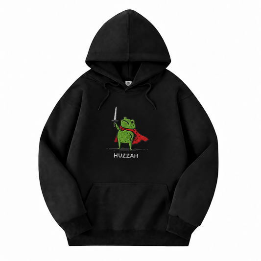 Huzzah Frog Knight black D&D hoodie front view