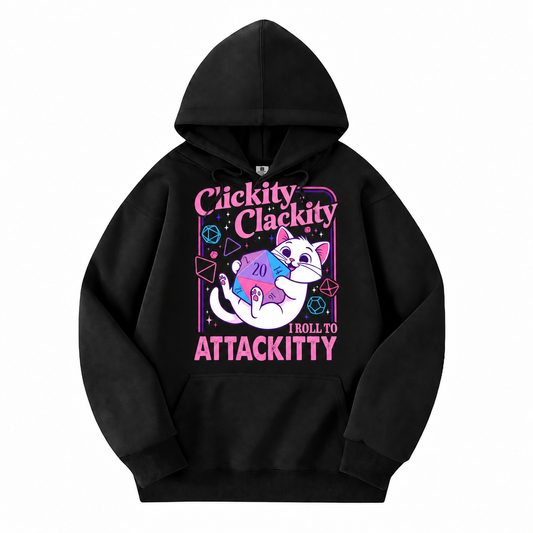 Clickity Clackity Roll to Attackity black D&D hoodie front view