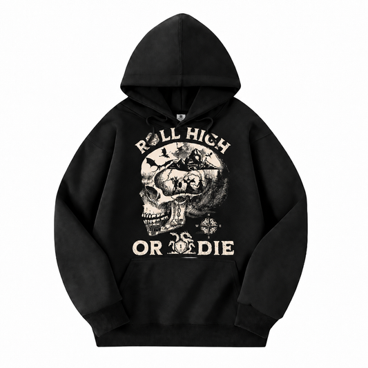 Roll High or Die Skull black D&D hoodie front view