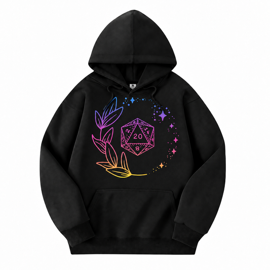 Neon Floral D20 black D&D hoodie front view