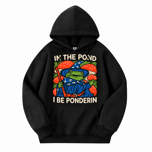 In the Pond I Be Ponderin’ black D&D hoodie front view