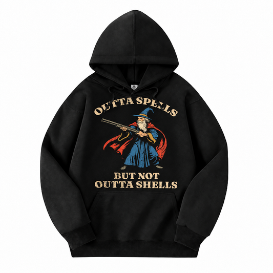 Outta Spells, Not Outta Shells black D&D hoodie front view