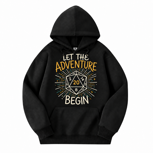 Let the Adventure Begin black D&D hoodie front view