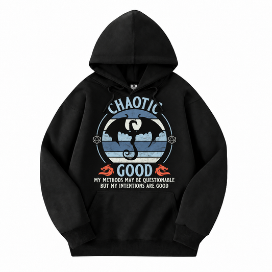 Chaotic Good black D&D hoodie front view