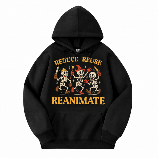 Reduce Reuse Reanimate black D&D hoodie front view