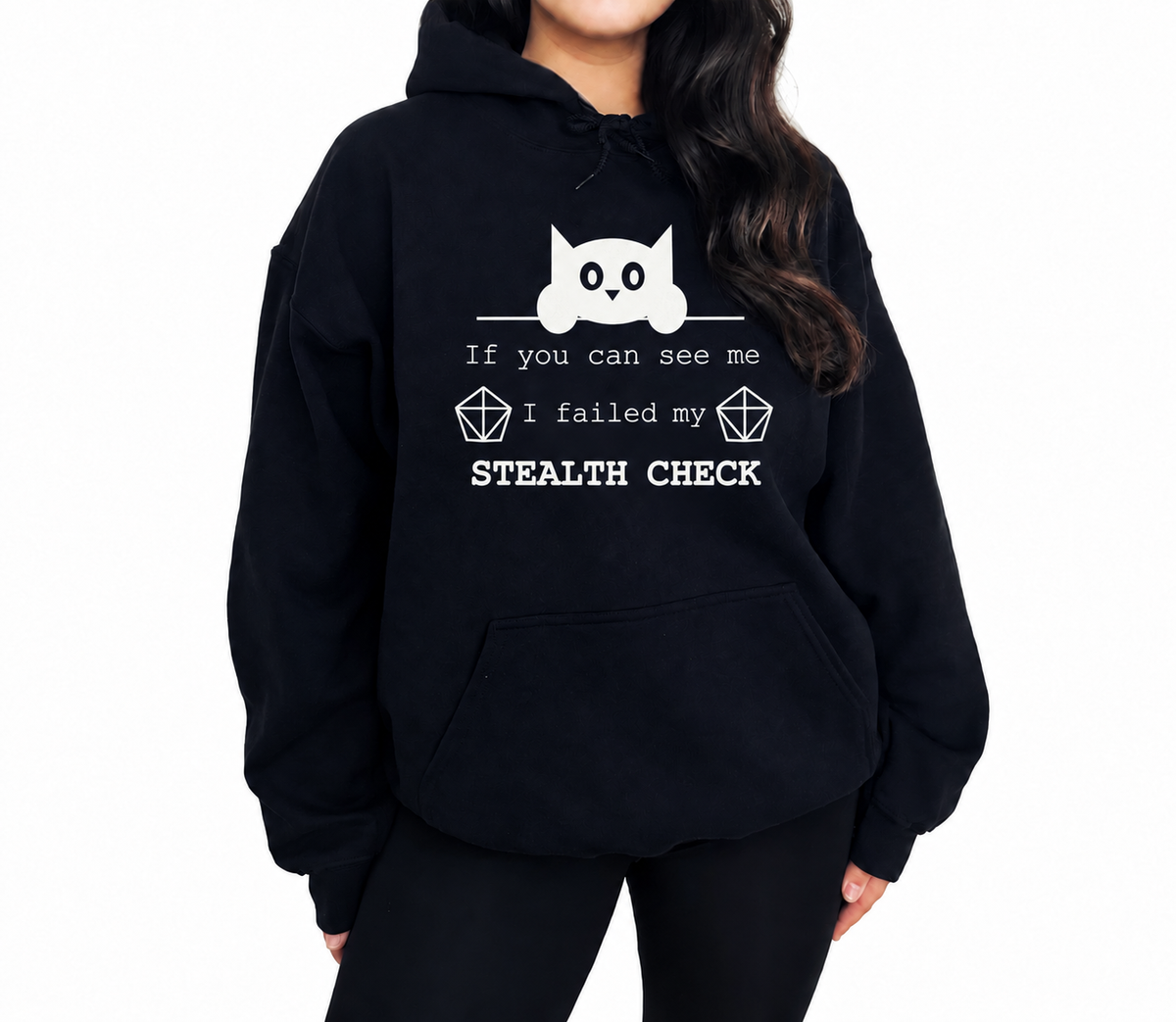 Female model wearing Failed Stealth Cat black D&D hoodie