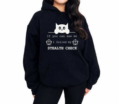Female model wearing Failed Stealth Cat black D&D hoodie