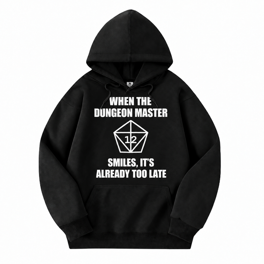 The Dungeon Master Smiles black D&D hoodie front view