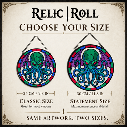 Eldritch Awakening stained glass suncatcher 25 cm and 30 cm size guide