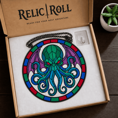 Eldritch Awakening suncatcher with Relic Roll gift box, chain, and hook