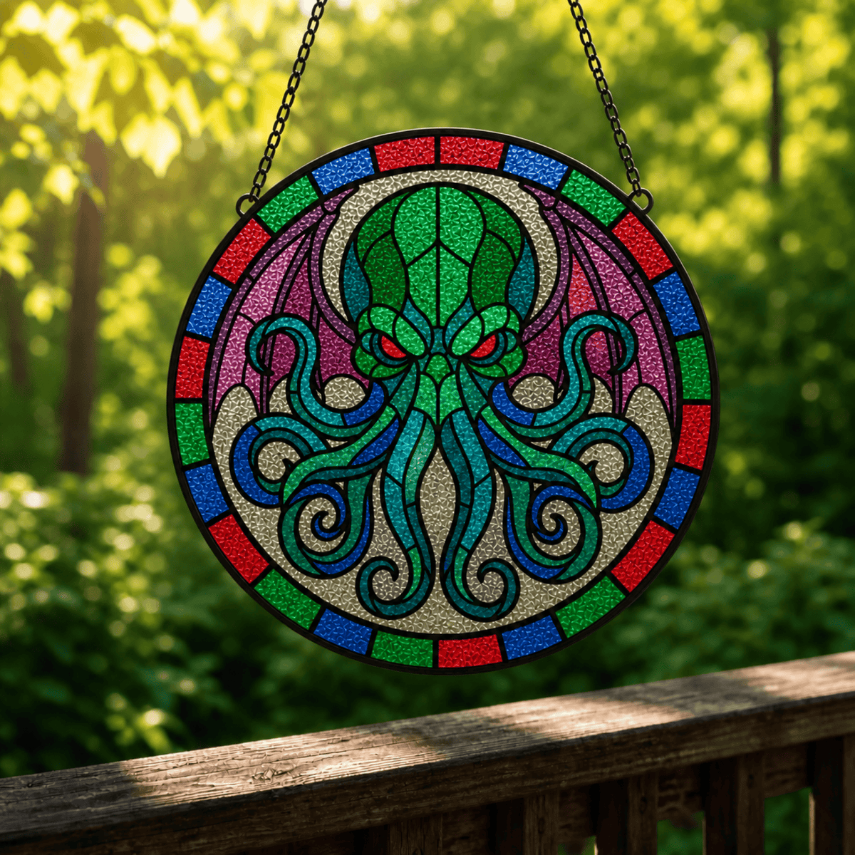 Eldritch Awakening stained glass suncatcher hanging outdoors