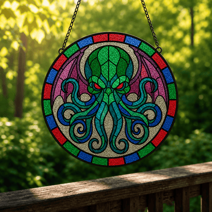 Eldritch Awakening stained glass suncatcher hanging outdoors