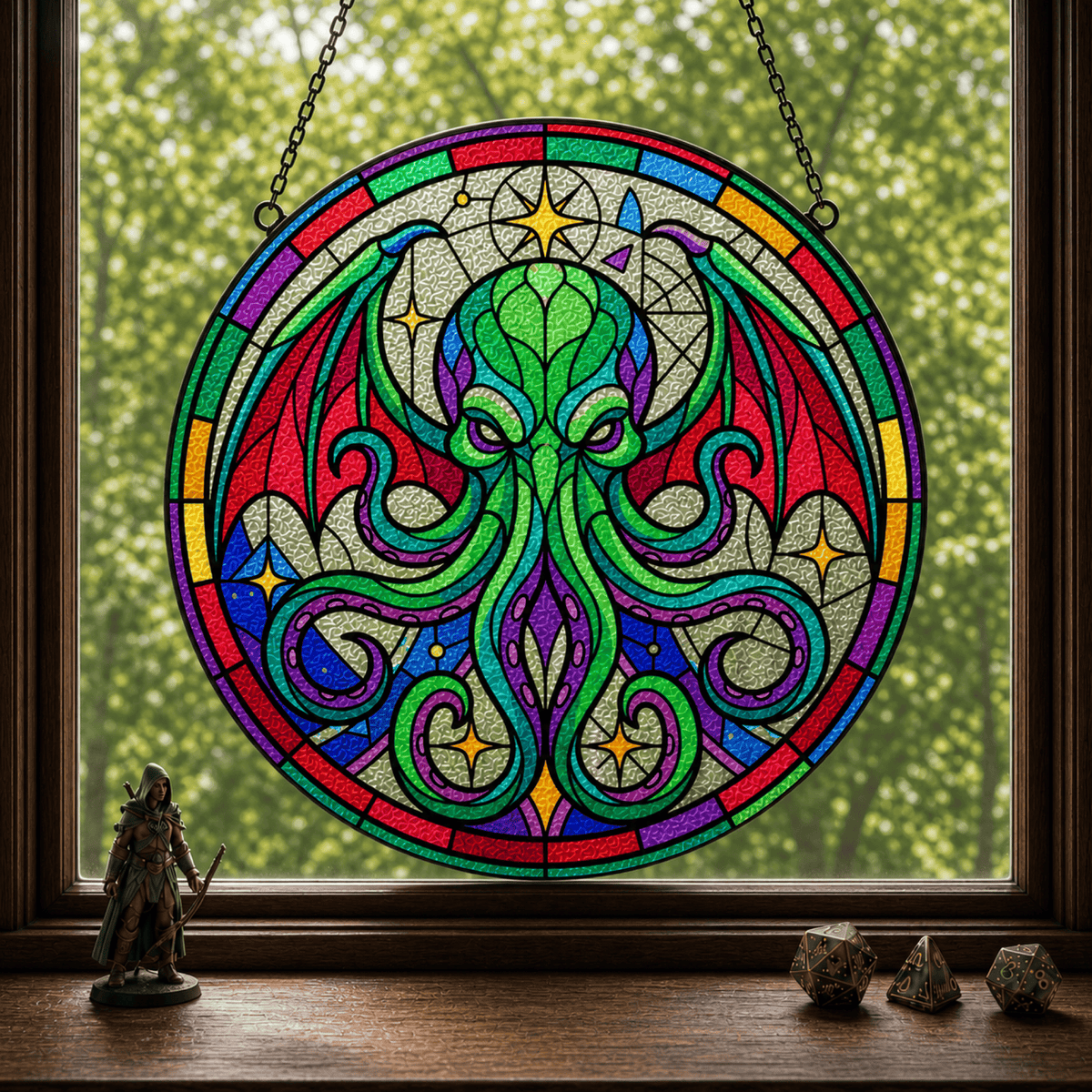 Astral Devourer DnD stained glass suncatcher hanging in a dark wood window