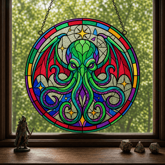 Astral Devourer DnD stained glass suncatcher hanging in a dark wood window