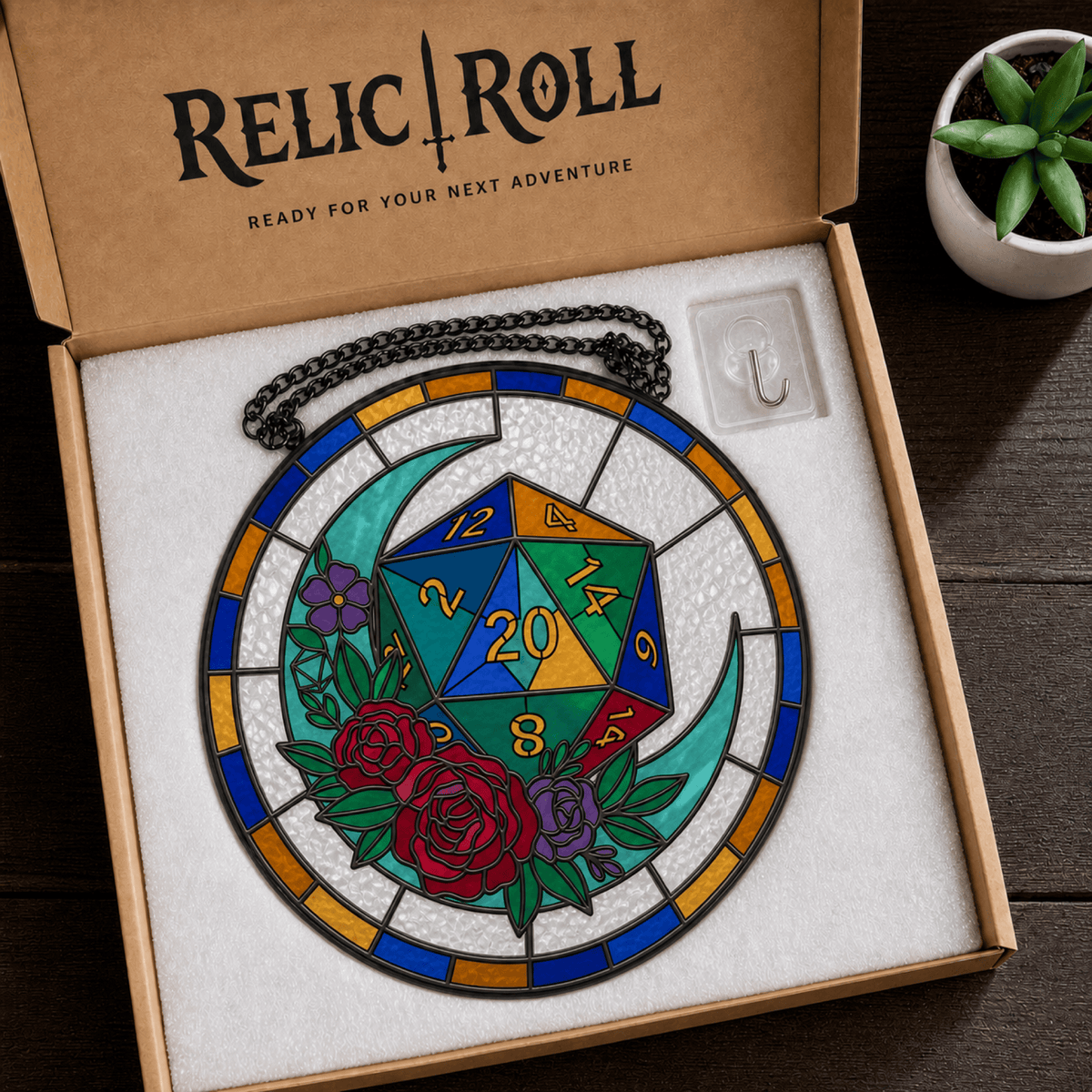 Moonlit Critical - Stained Glass Suncatcher Moonlit Critical | D20 Dice Stained Glass Suncatcher