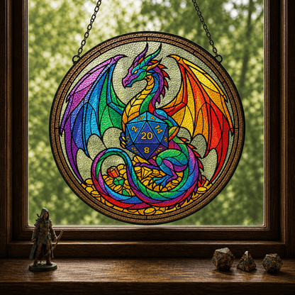 Prismatic Wyrmling - Stained Glass Suncatcher Prismatic Wyrmling | Rainbow Dragon DnD Stained Glass Suncatcher