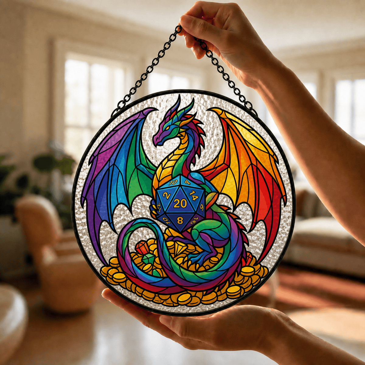 Prismatic Wyrmling - Stained Glass Suncatcher Prismatic Wyrmling | Rainbow Dragon DnD Stained Glass Suncatcher