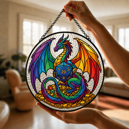Prismatic Wyrmling - Stained Glass Suncatcher Prismatic Wyrmling | Rainbow Dragon DnD Stained Glass Suncatcher