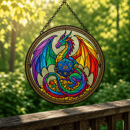 Prismatic Wyrmling - Stained Glass Suncatcher Prismatic Wyrmling | Rainbow Dragon DnD Stained Glass Suncatcher