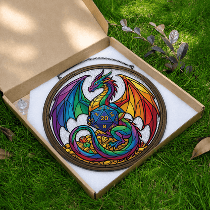 Prismatic Wyrmling - Stained Glass Suncatcher Prismatic Wyrmling | Rainbow Dragon DnD Stained Glass Suncatcher