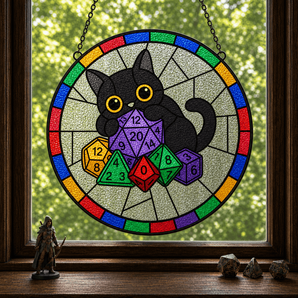 Familiar’s Fortune - Stained Glass Suncatcher Familiar’s Fortune | Black Cat Dice Stained Glass Suncatcher