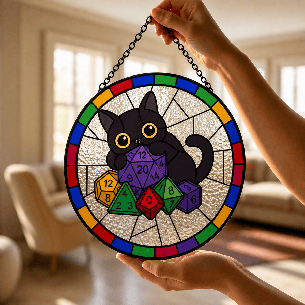 Familiar’s Fortune - Stained Glass Suncatcher Familiar’s Fortune | Black Cat Dice Stained Glass Suncatcher
