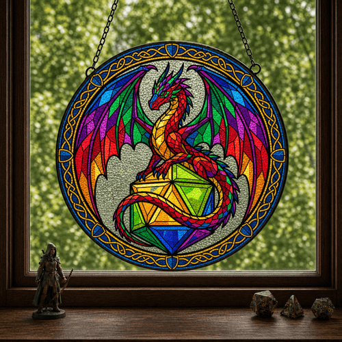 Chromatic Hoard - Stained Glass Suncatcher Chromatic Hoard | Dragon DnD Stained Glass Suncatcher