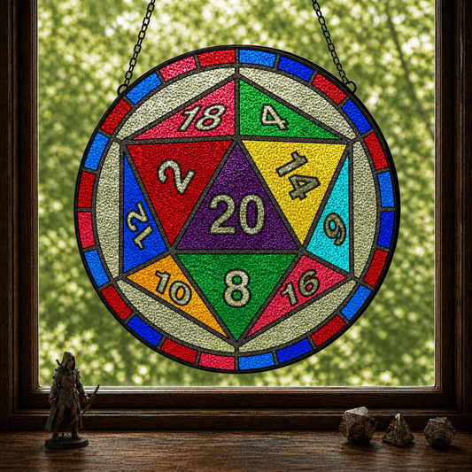 Fatewheel Twenty - Stained Glass Suncatcher Fatewheel Twenty | D20 Dice Stained Glass Suncatcher