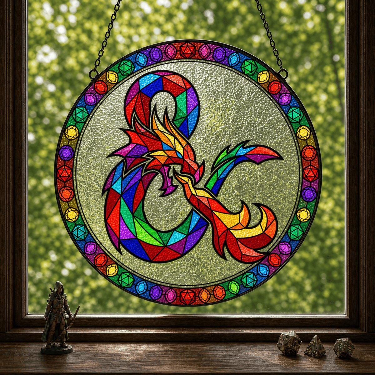 Chromatic Serpent - Stained Glass Suncatcher Chromatic Serpent | D&D Logo Stained Glass Suncatcher