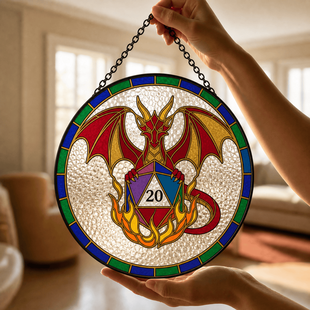 Emberbound Critical - Stained Glass Suncatcher Emberbound Critical | Dragon D20 Stained Glass Suncatcher