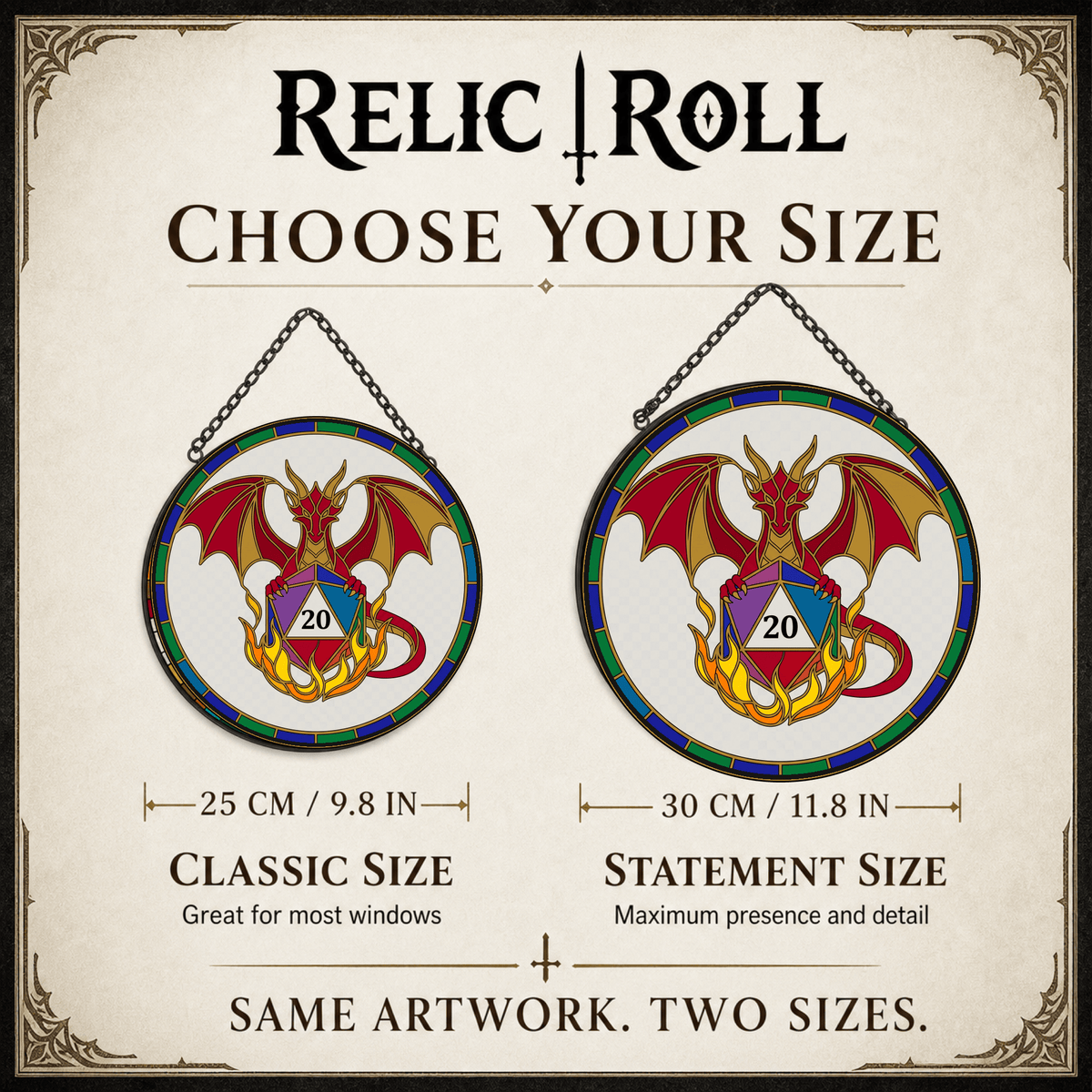 Emberbound Critical - Stained Glass Suncatcher Emberbound Critical | Dragon D20 Stained Glass Suncatcher
