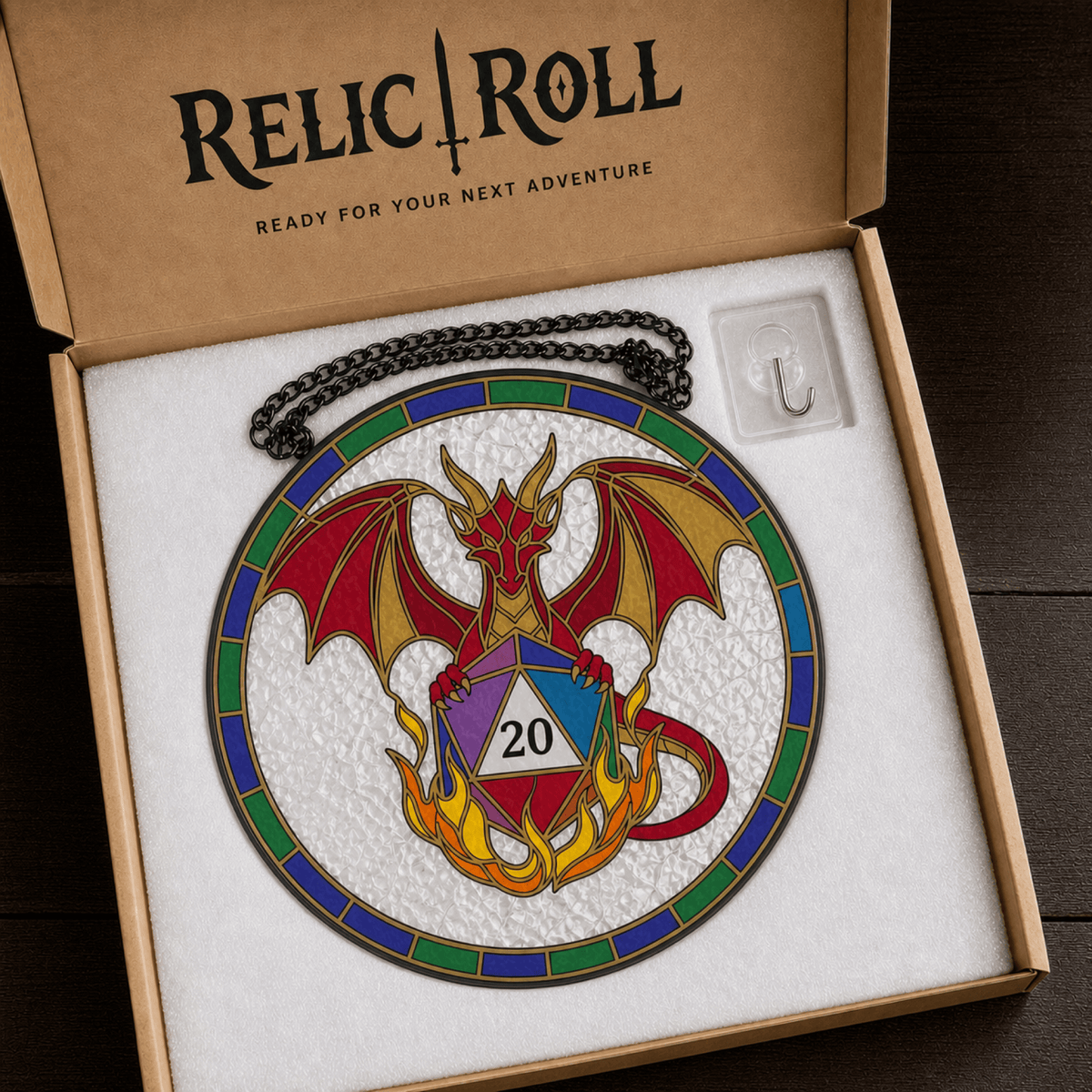 Emberbound Critical - Stained Glass Suncatcher Emberbound Critical | Dragon D20 Stained Glass Suncatcher