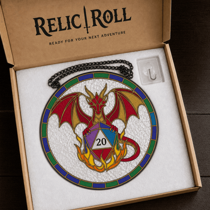 Emberbound Critical - Stained Glass Suncatcher Emberbound Critical | Dragon D20 Stained Glass Suncatcher