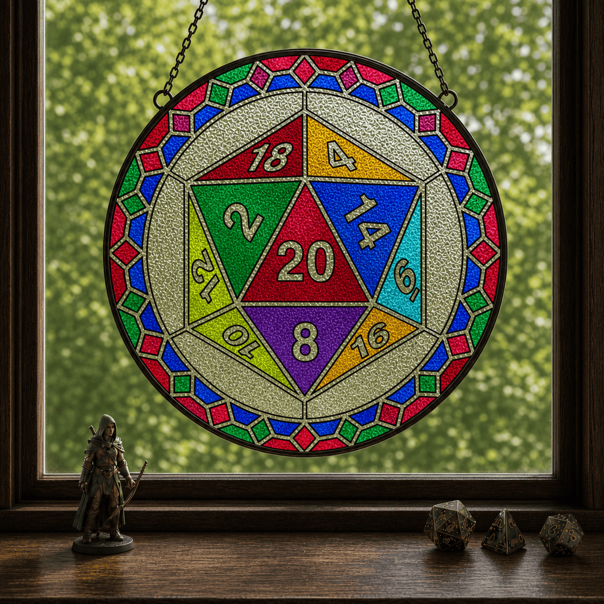 Emerald Fatewheel - Stained Glass Suncatcher Emerald Fatewheel | Green D20 Dice Stained Glass Suncatcher