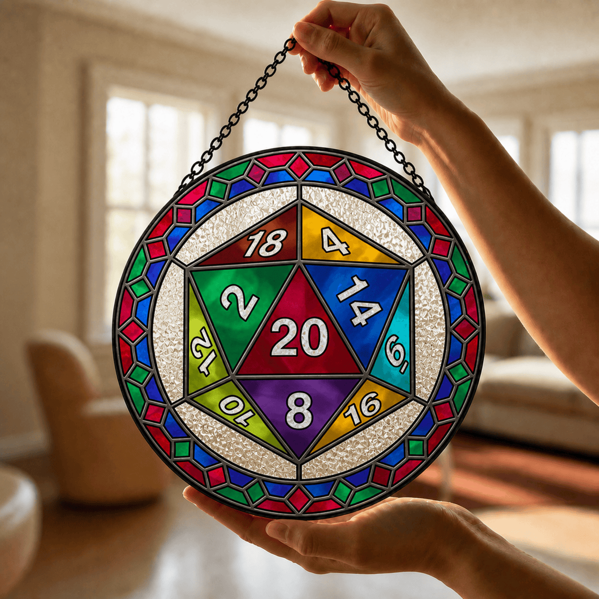 Emerald Fatewheel - Stained Glass Suncatcher Emerald Fatewheel | Green D20 Dice Stained Glass Suncatcher