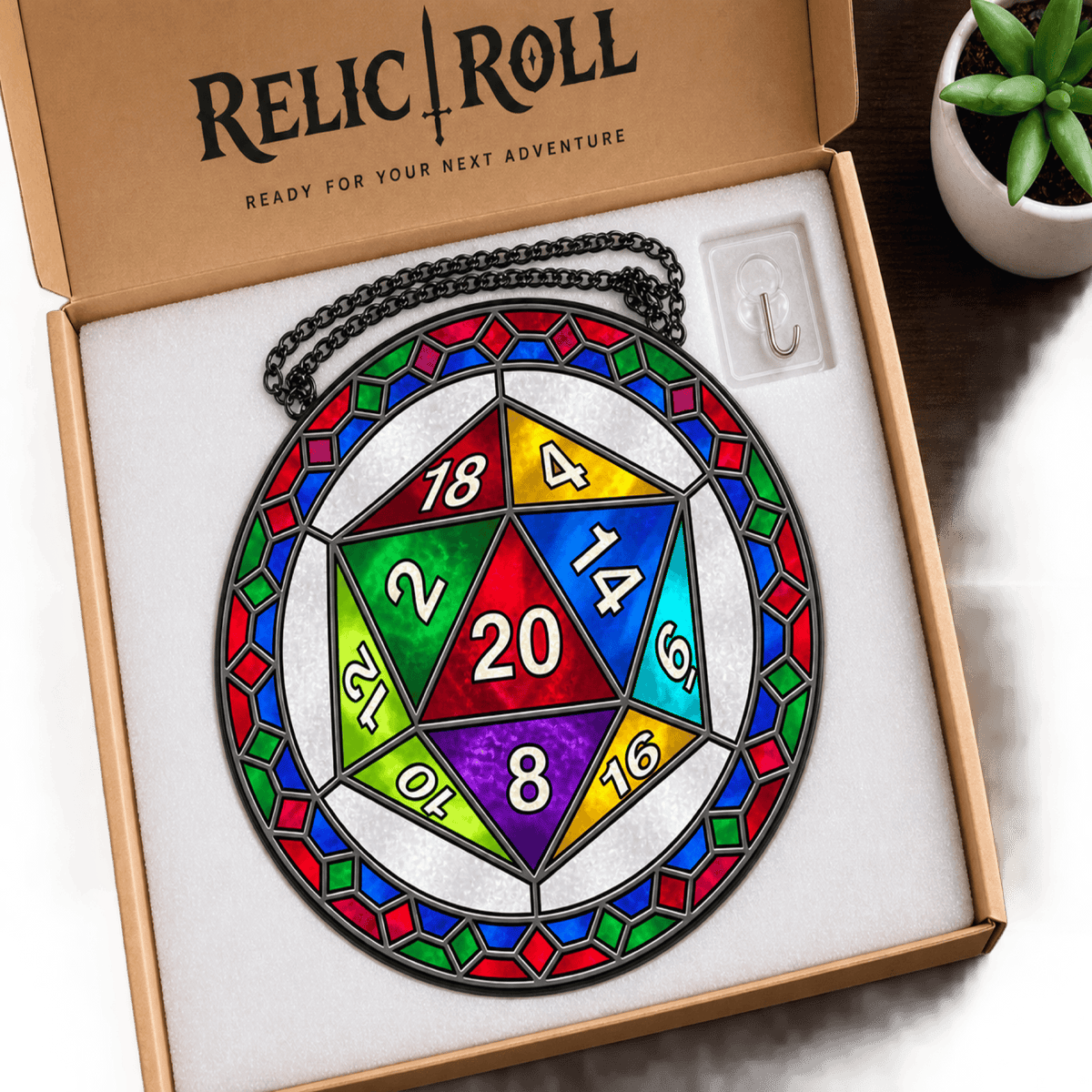 Emerald Fatewheel - Stained Glass Suncatcher Emerald Fatewheel | Green D20 Dice Stained Glass Suncatcher