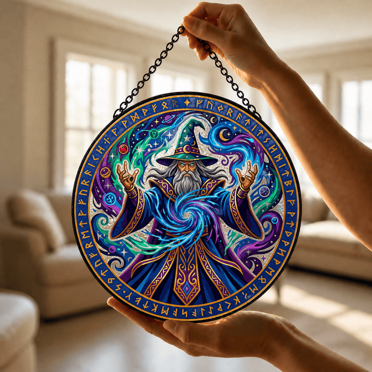 Runebound Archmage - Stained Glass Suncatcher Runebound Archmage | Wizard DnD Stained Glass Suncatcher
