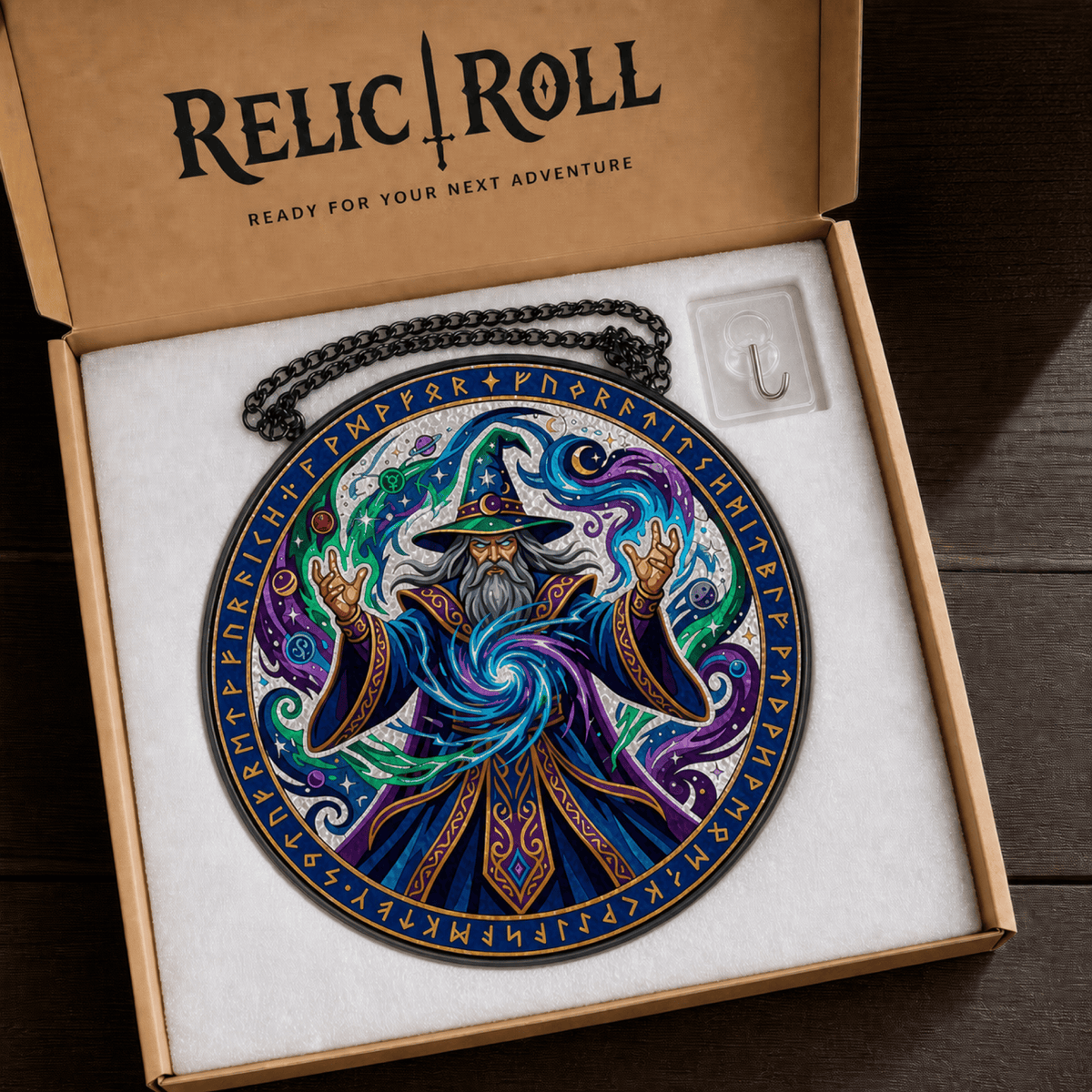 Runebound Archmage - Stained Glass Suncatcher Runebound Archmage | Wizard DnD Stained Glass Suncatcher