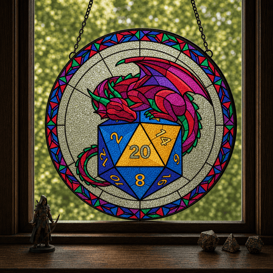 Hoardkeeper’s Roll - Stained Glass Suncatcher Hoardkeeper’s Roll | Dragon D20 Stained Glass Suncatcher
