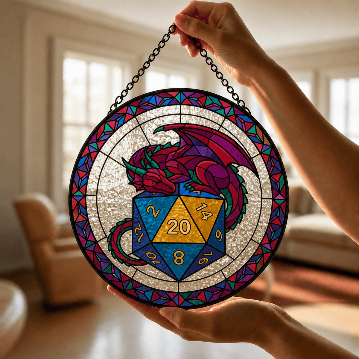 Hoardkeeper’s Roll - Stained Glass Suncatcher Hoardkeeper’s Roll | Dragon D20 Stained Glass Suncatcher