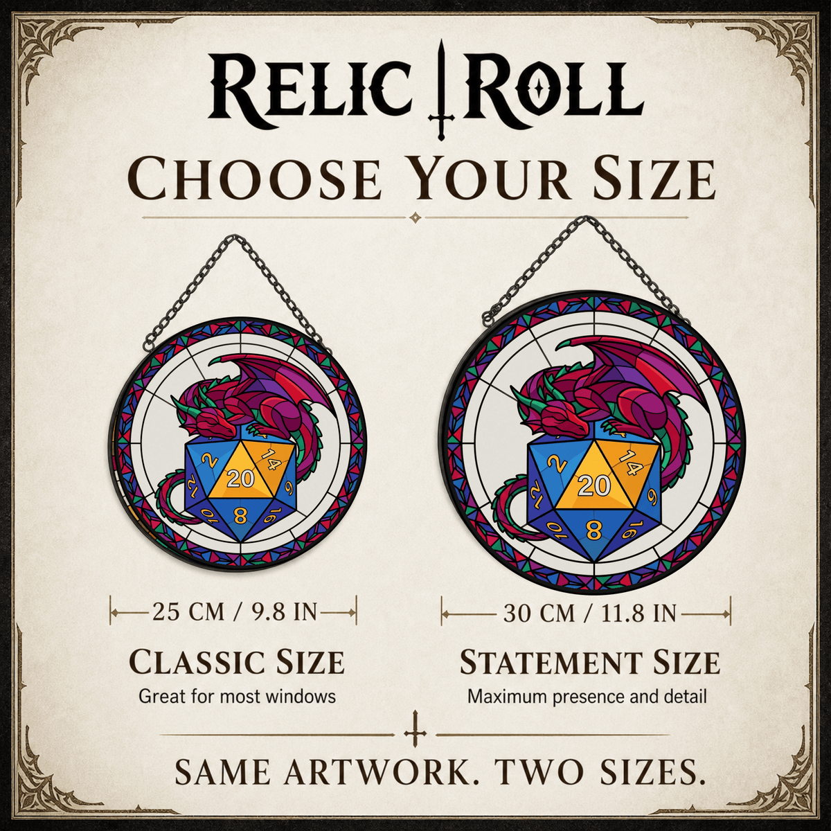 Hoardkeeper’s Roll - Stained Glass Suncatcher Hoardkeeper’s Roll | Dragon D20 Stained Glass Suncatcher