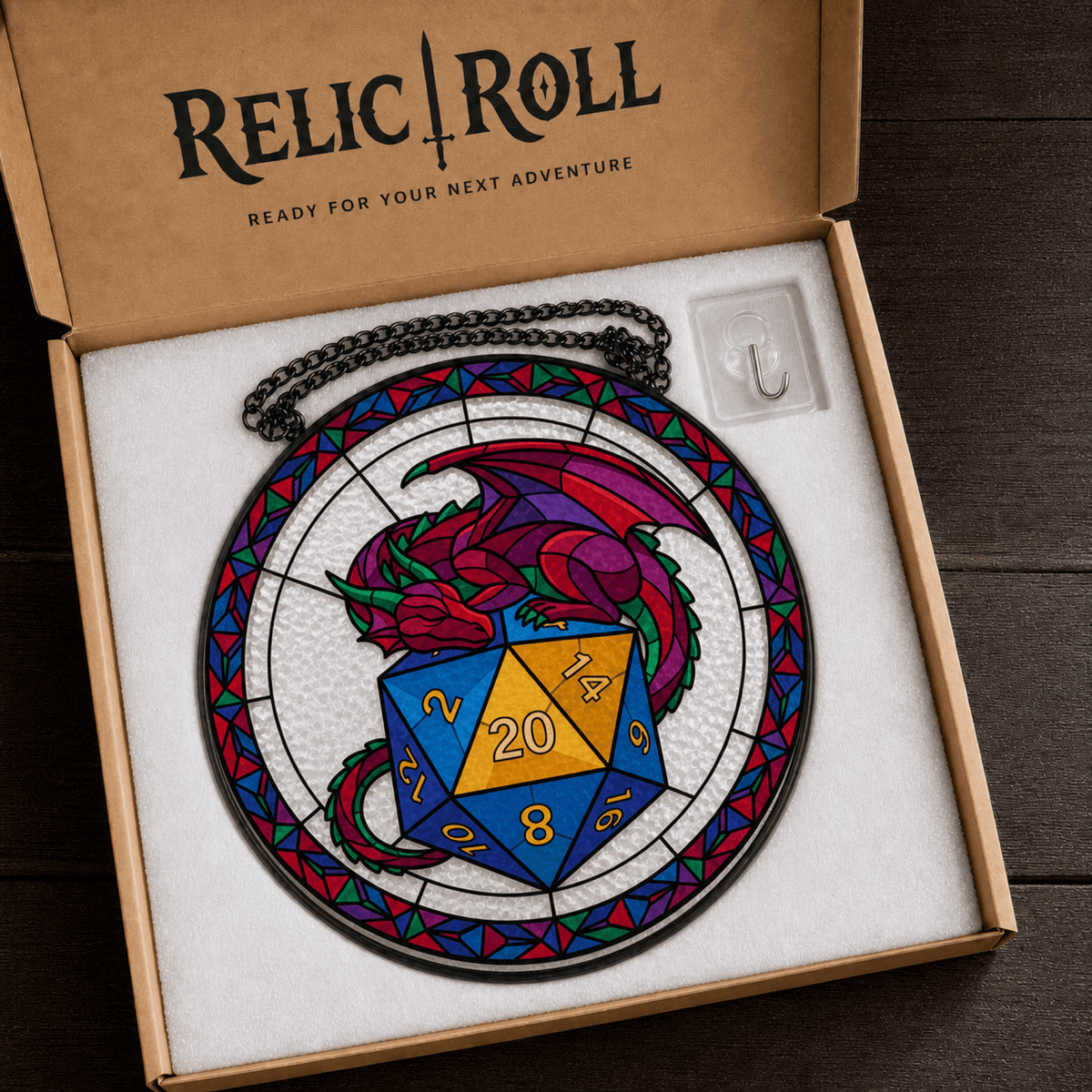 Hoardkeeper’s Roll - Stained Glass Suncatcher Hoardkeeper’s Roll | Dragon D20 Stained Glass Suncatcher
