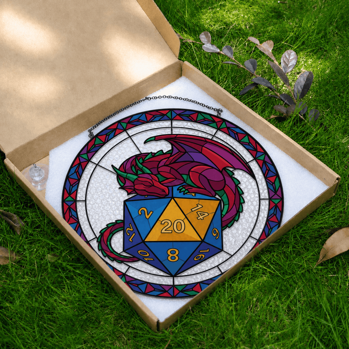 Hoardkeeper’s Roll - Stained Glass Suncatcher Hoardkeeper’s Roll | Dragon D20 Stained Glass Suncatcher