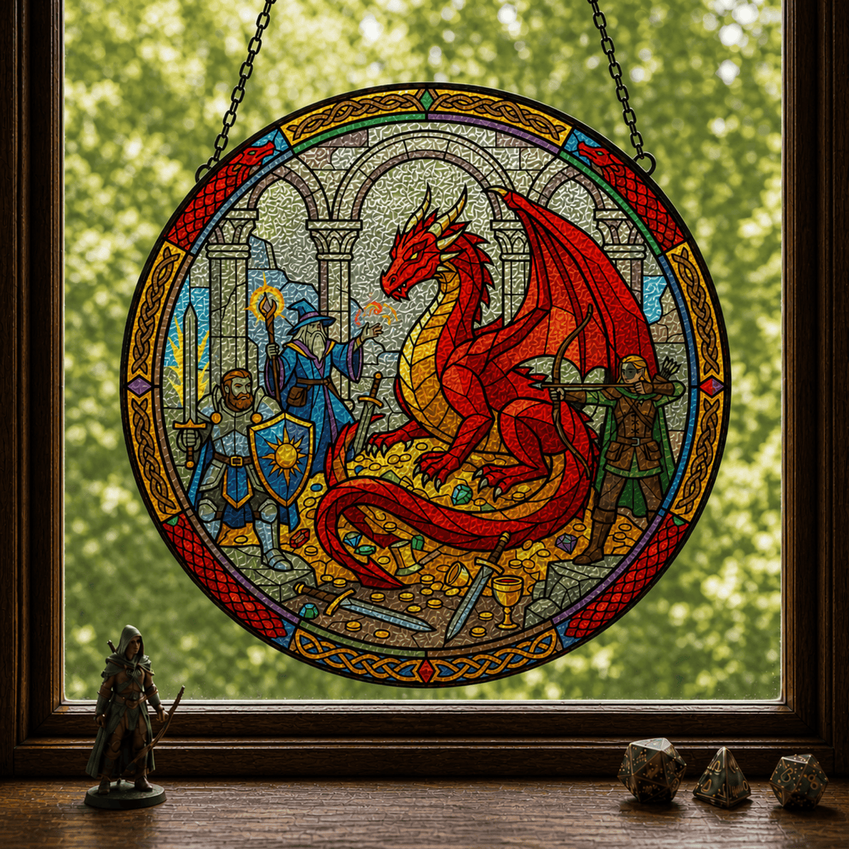 Oath of Scale and Steel - Stained Glass Suncatcher Oath of Scale and Steel | Knight Dragon DnD Stained Glass Suncatcher