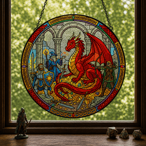 Oath of Scale and Steel - Stained Glass Suncatcher Oath of Scale and Steel | Knight Dragon DnD Stained Glass Suncatcher